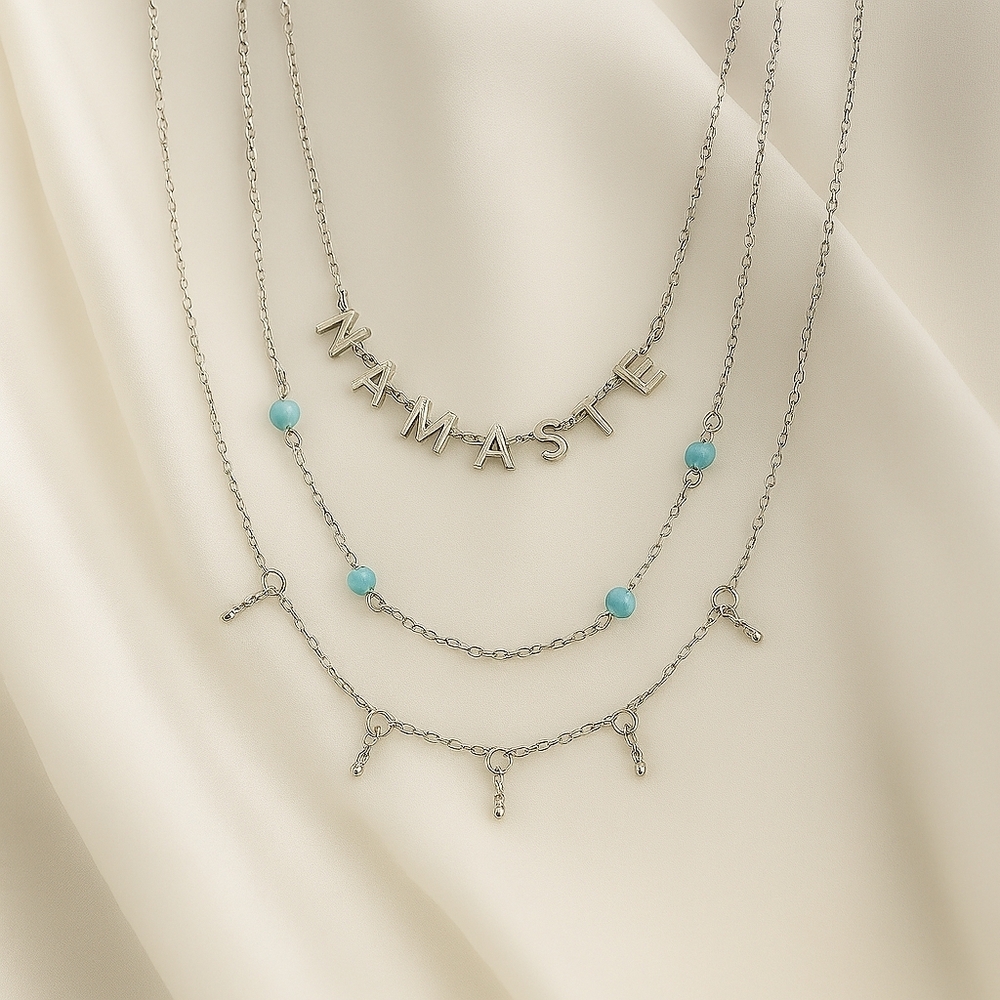 3-Layer Silver & Blue Beaded Necklace โ Stylish Multi-Strand Fashion Jewelry